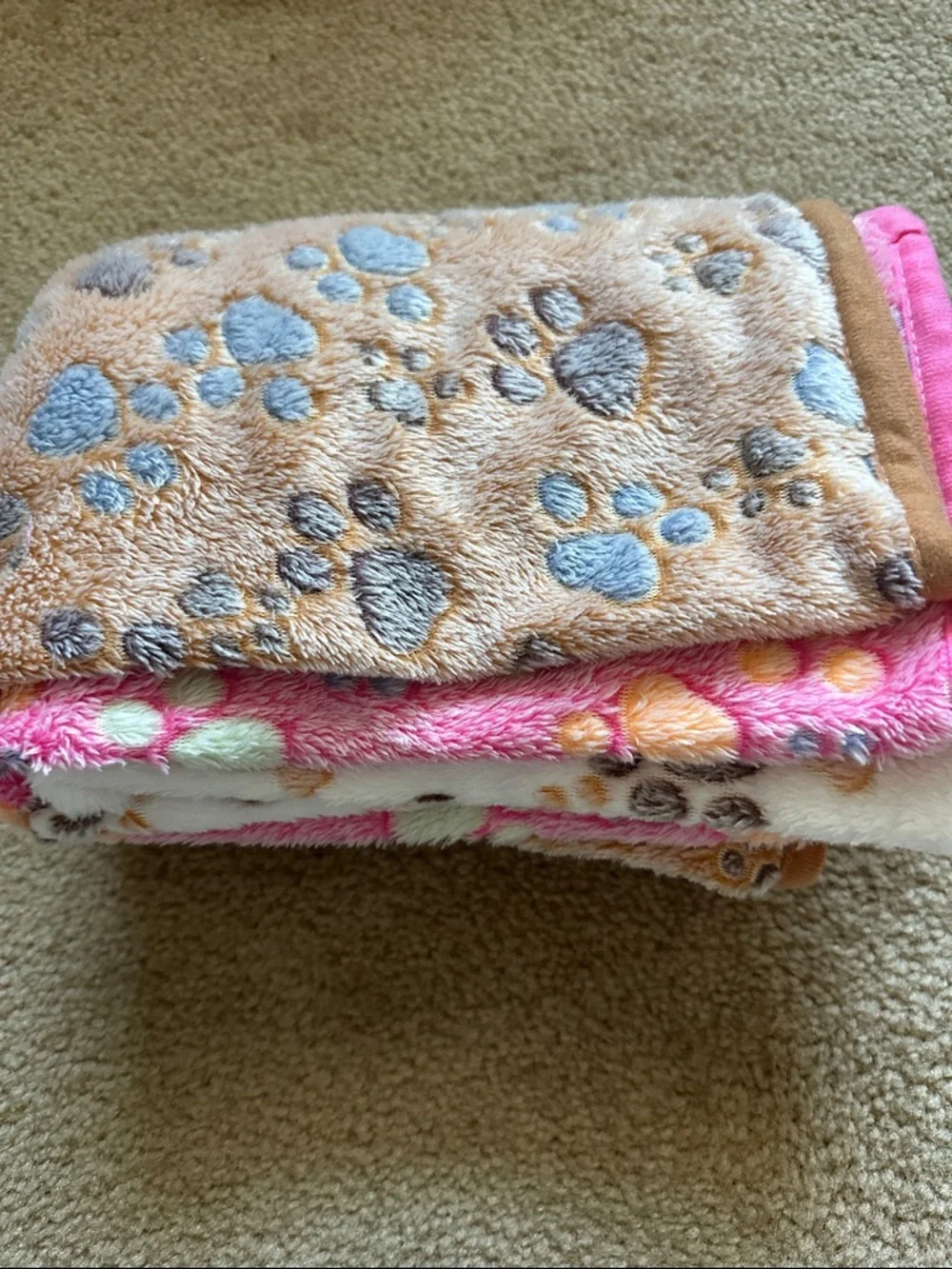 Plush Paw Print Pet Blanket Stack - Beige, Pink, White
